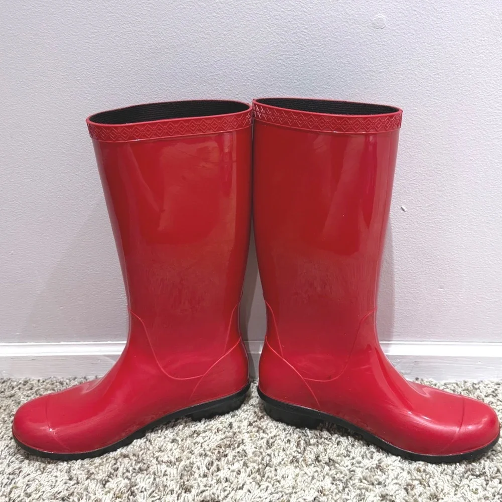 UGG Shaye Red Glossy Tall Waterproof Rain Boots Womens Lug Sole 1012350